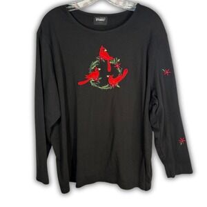 Women's Black Long Sleeve Cardinal Wreath Embroidered Christmas Top 3X NO TAG